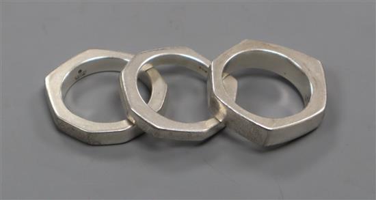 A set of three octagonal and hexagonal Gucci 925 stacking rings, size N/O.